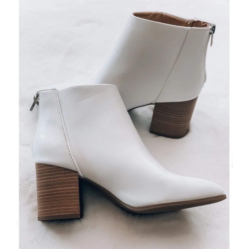 White chunky heel ankle bootie